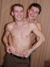 Red t-shirt twink slowly seducing his cop twink friend