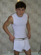 White get-up twink boy flexing and undressing after shower
