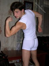 White get-up twink boy flexing and undressing after shower