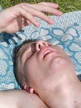 Pale blonde beauty stroking his cock outdoors