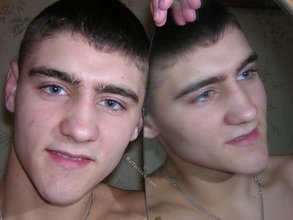 Blue-eyed brunette dude licking his own armpits