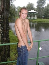 Blonde guy showing his sexy body outdoors