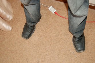 Albino-like blonde guy shows his stylish shoes