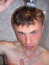 Horny boy taking a shower after eating his own cum