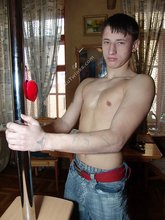 Tatted-up twink and his improvised stripper pole