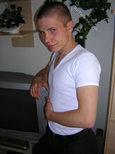 White t-shirt twink posing shirtless in the end