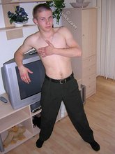 White t-shirt twink posing shirtless in the end
