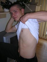 White t-shirt twink posing shirtless in the end