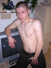 White t-shirt twink posing shirtless in the end
