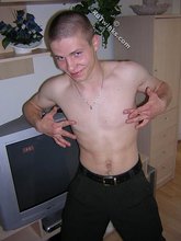 White t-shirt twink posing shirtless in the end