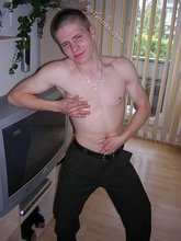 White t-shirt twink posing shirtless in the end