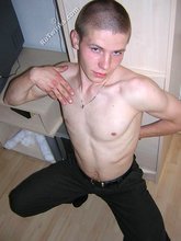 White t-shirt twink posing shirtless in the end