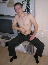 White t-shirt twink posing shirtless in the end