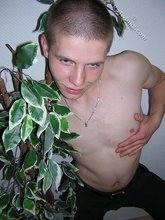 White t-shirt twink posing shirtless in the end