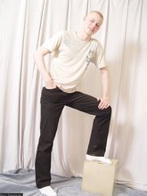 Redheaded and extremely pale twink shows his pubes and feet
