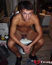 Horny guy posing with a picture frame, totally fucking naked