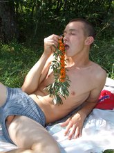 Really effeminate guy posing outdoors and teasing with his cock