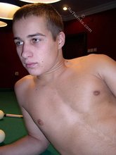 Sexy twink pool shark showing off his hairy cock on a table