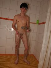 Soapy twink boy teases you with that cock and shows hairy legs