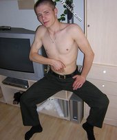 White t-shirt twink posing shirtless in the end