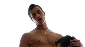 Meaty uncut cock getting sucked next to a ladder