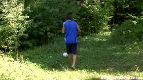 Twink gets naked and shows off his soccer prowess