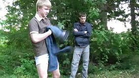 Two twinks fighting it out on their knees, totally naked