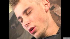 Young gay dude jerks his cock while riding in reverse cowgirl