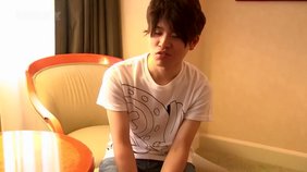 Messy hair Japanese twink gives interview before getting groped